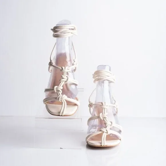 Anthropologie Womens Cream Caged Sandals Heels Lace tie Sz 5 EU 35 Leather New - Picture 3 of 10